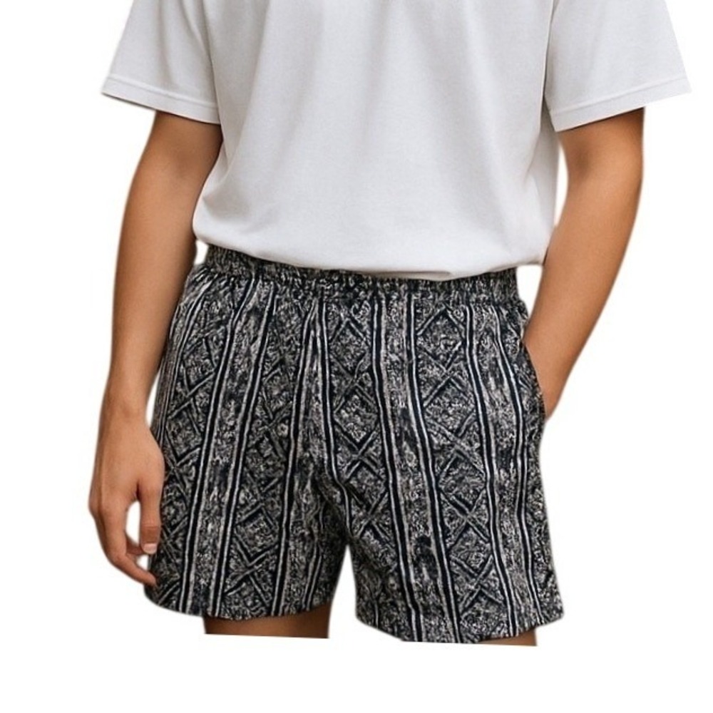 WAI-boho unisex S Blue Tribal Pattern Shorts Elastic Waist Casual with pockets - Picture 2 of 9